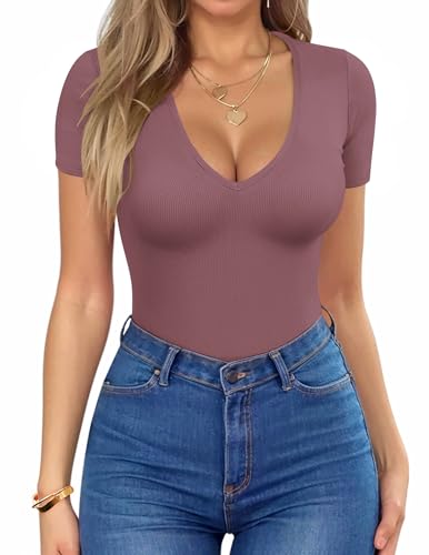 Hotouch Deep V Neck Tops for Women Sexy Low Cut Summer Ribbed Knit T Shirts Slim Fit Stretchy Basic Fashion Tee