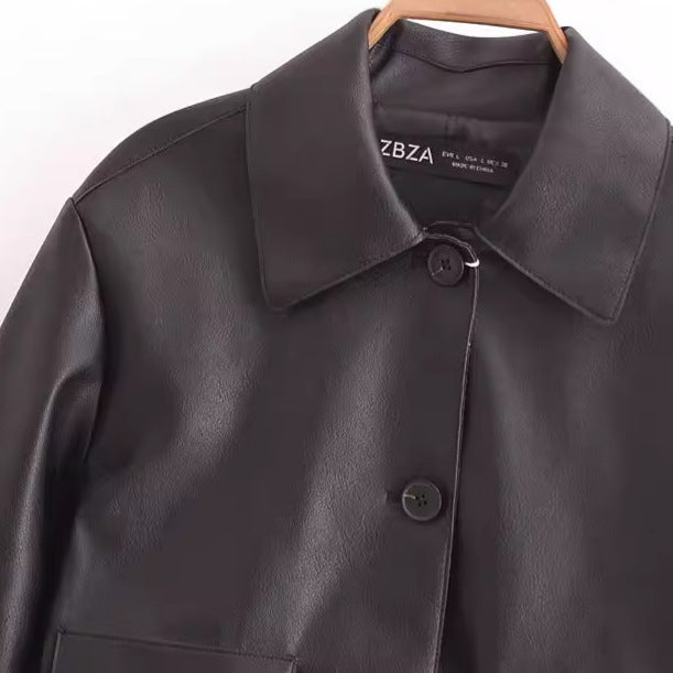 Veste noire en cuir classique à manches longues - Boutique en ligne à rabais