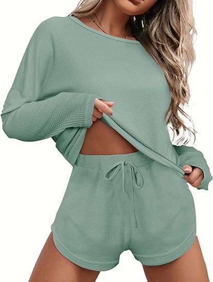 Ekouaer Womens Waffle Knit Pajama Sets Long Sleeve Top and Shorts Matching Lounge Set Sleepwear with Pockets