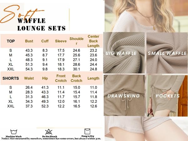 Ekouaer Womens Waffle Knit Pajama Sets Long Sleeve Top and Shorts Matching Lounge Set Sleepwear with Pockets