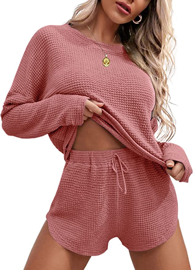 Ekouaer Womens Waffle Knit Pajama Sets Long Sleeve Top and Shorts Matching Lounge Set Sleepwear with Pockets