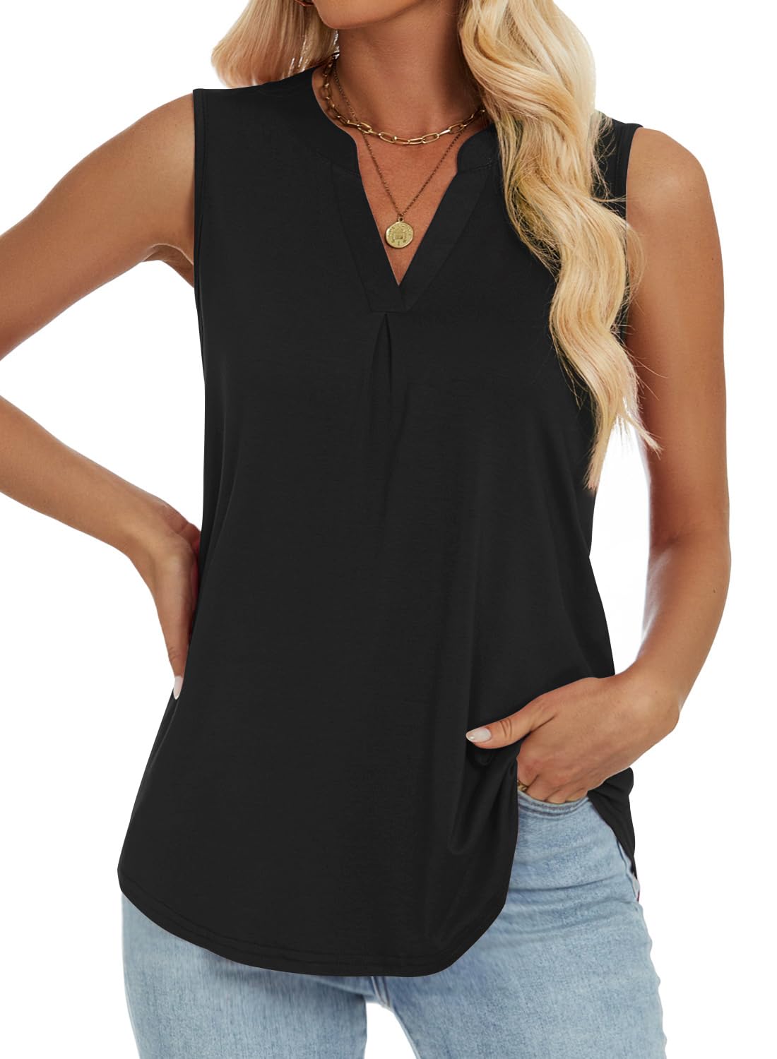 isermeo Womens Tank Tops Pleated V Neck Sleeveless Summer Shirts Loose Casual Tank Tops Blouse S-XXL - Boutique en ligne à rabais