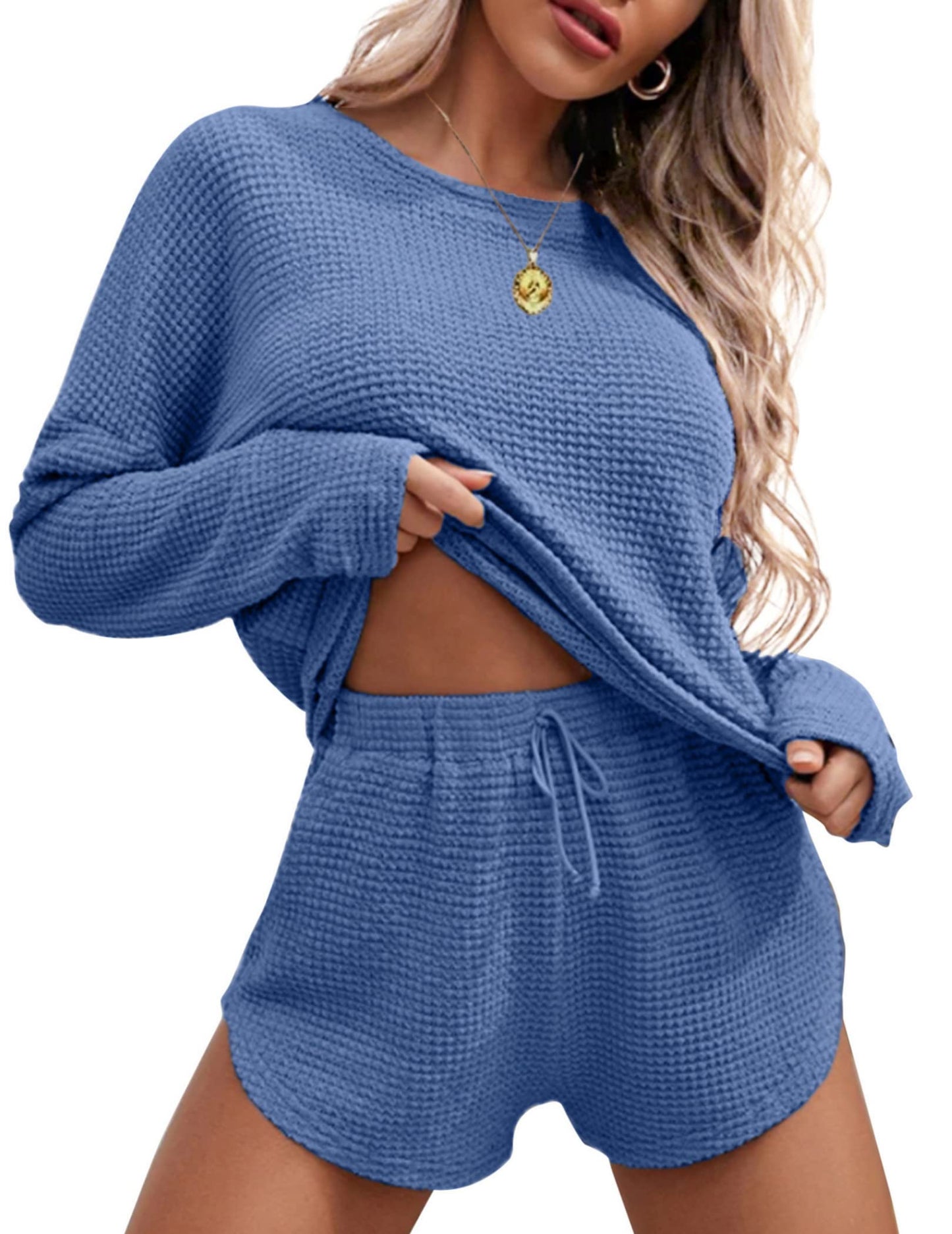 Ekouaer Womens Waffle Knit Pajama Sets Long Sleeve Top and Shorts Matching Lounge Set Sleepwear with Pockets