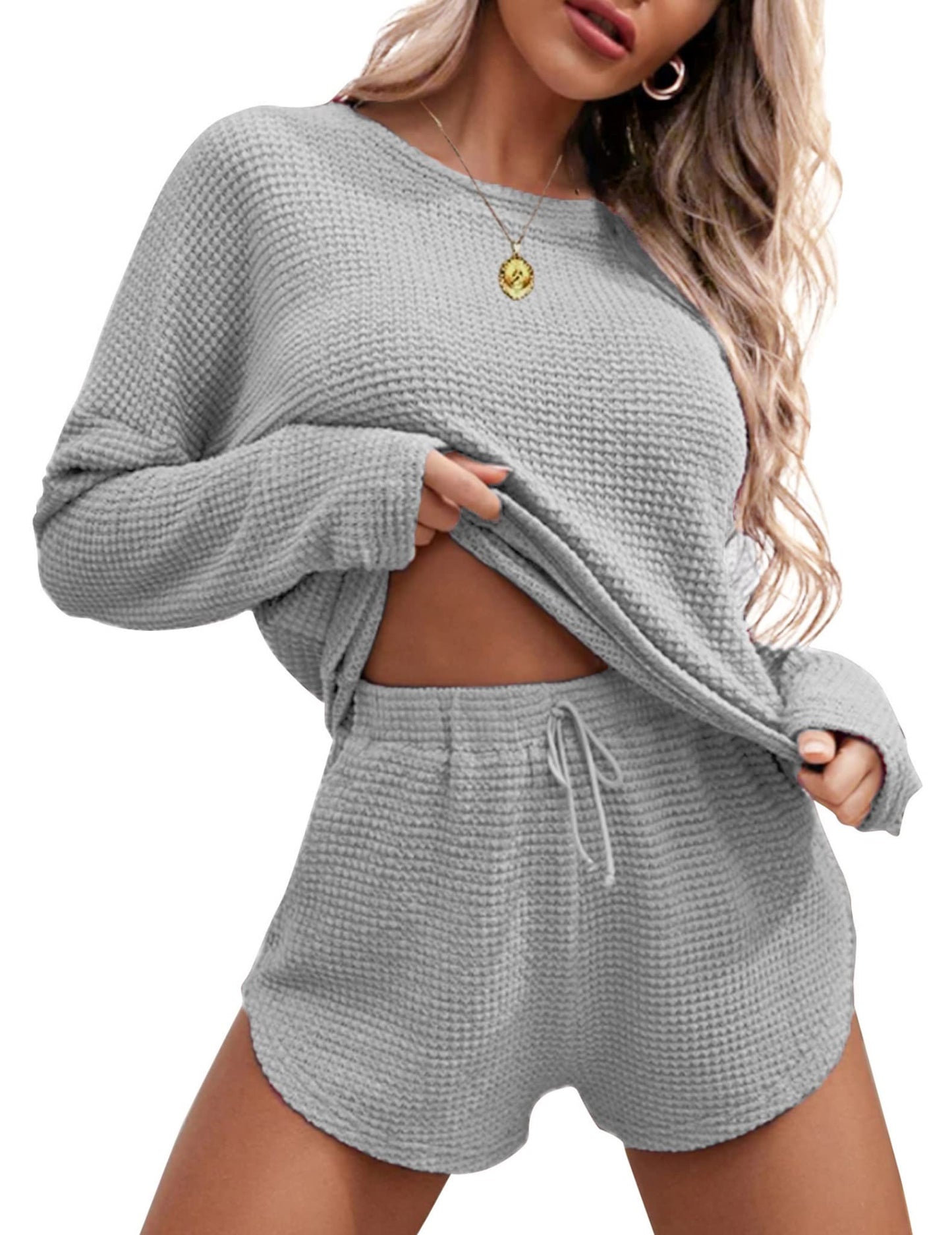 Ekouaer Womens Waffle Knit Pajama Sets Long Sleeve Top and Shorts Matching Lounge Set Sleepwear with Pockets