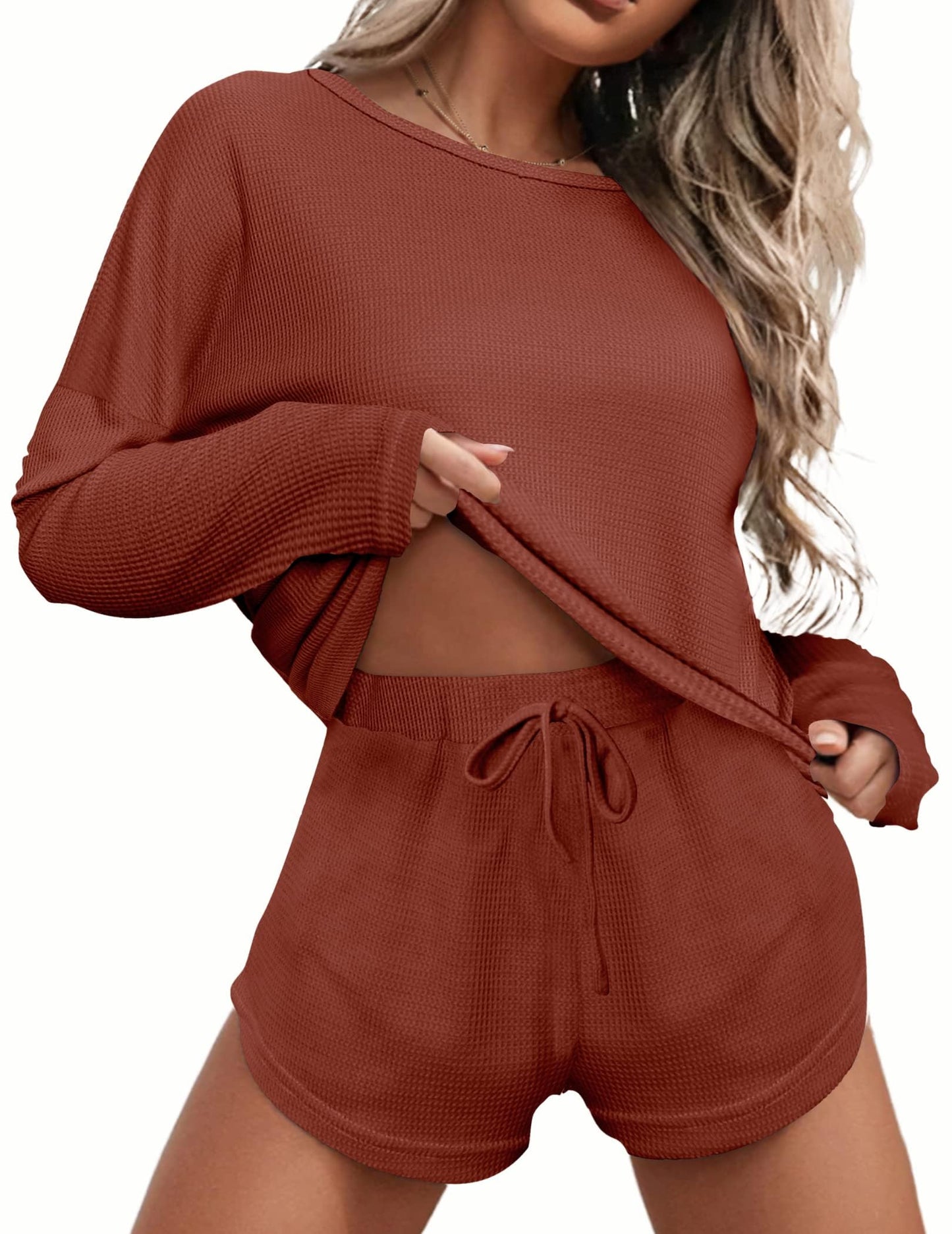 Ekouaer Womens Waffle Knit Pajama Sets Long Sleeve Top and Shorts Matching Lounge Set Sleepwear with Pockets